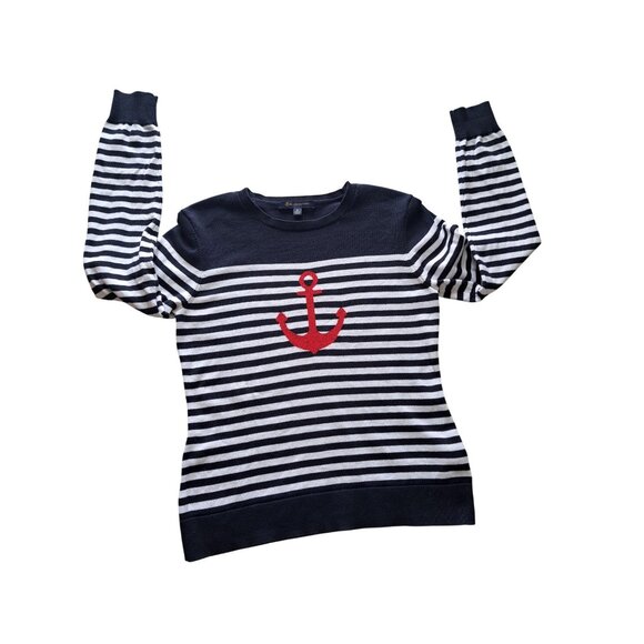 Brooks Brothers Sweaters - Brooks Brothers Nautical Black & White Striped Sweater Red Anchor Womens Med